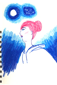 a drawing of a woman with red hair and a moon in the background