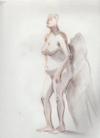a drawing of a nude standing next to a rock