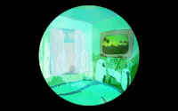 a green room with a tv in it